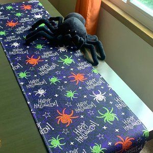 Whimsical Lime Green Orange Spiders Stars Purple Webs Halloween Table Runner New